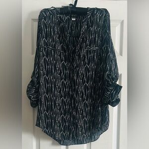 Simply Emma 3/4 sleeve button down blouse, black/white, front pockets, size1X